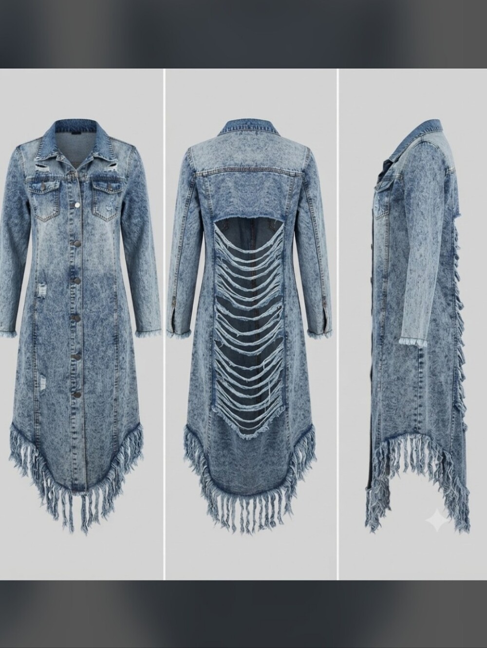 SHEIN Light Blue Distressed Long Sleeve Denim Shirt Dress.(Denim Trench Dress).